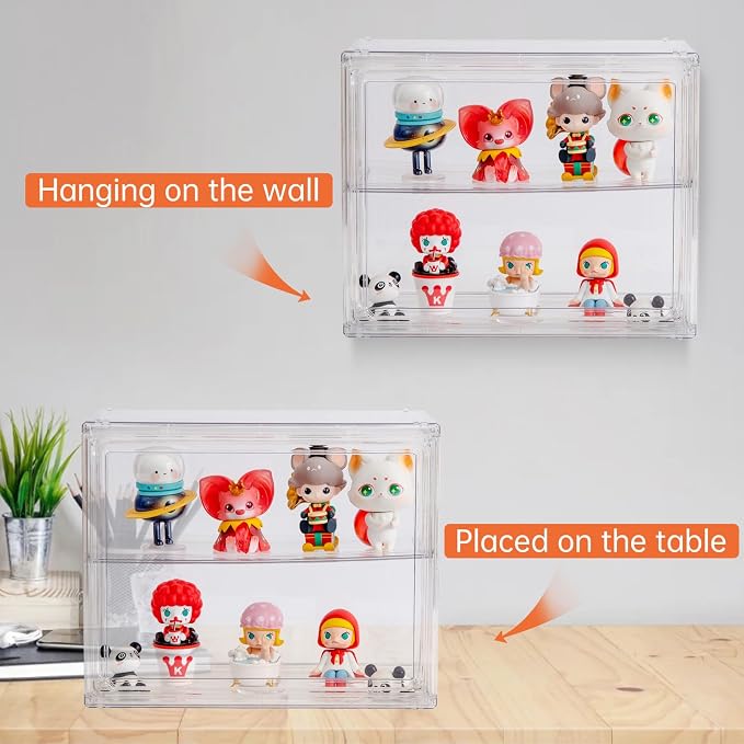 BOHOIDEE 2 Tiers Clear Display Case for Figures, Acrylic Storage Organizers Box with Magnetic Door, Wall-Mounted Dustproof Showcase for Collectibles Action Figure