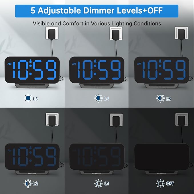 Peakeep Small Digital Alarm Clock for Bedrooms, Loud for Heavy Sleepers | Dimmable Plug in Electric Large Numbers Clock Battery Backup, Slim Clock for Table Office Modern Living Room (BB)