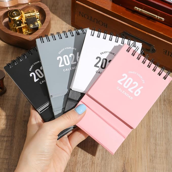 Mini Desk Calendar 2026-2027 - Jan 2026 to June 2027 Small Desktop Calendar Mini Daily Schedule Thick Paper Twin-Wire Binding with Stickers for Home Office School (Mini Pink)