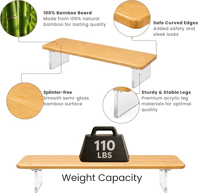 Bamboo Monitor Riser, Wide Desktop Monitor Stand for Desk with Clear Acrylic Legs, 31.5 x 8inch Bamboo Wood Shelf, Fit Keyboard, Home Office Workspace Accessories, Study Stationaries Storage (Natural)