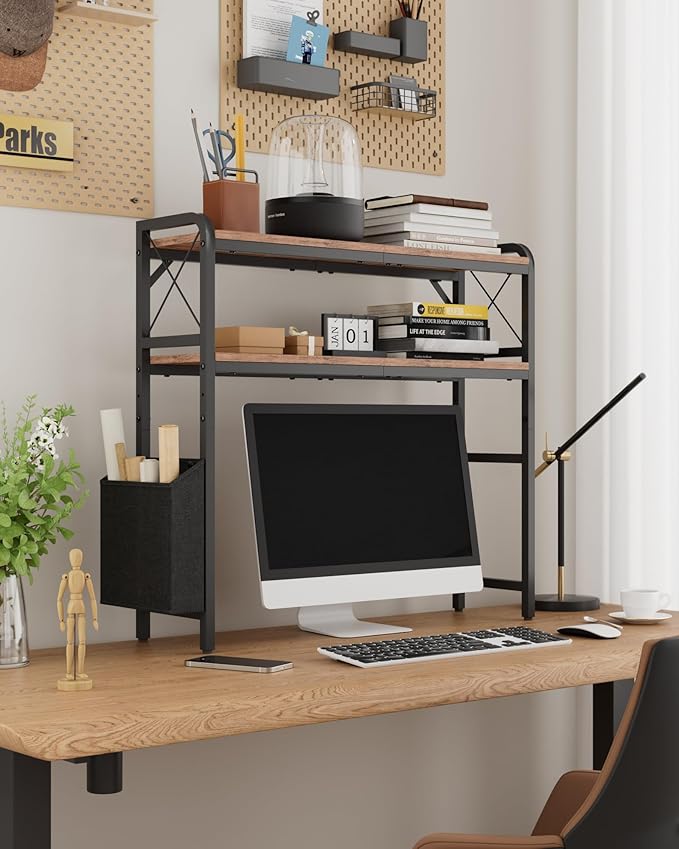 Desk Hutch Dorm with Adjustable Shelves and Side Pockets | 2-Tier Desktop Bookshelf Organizer, Monitor Stand, Large-Capacity Display Shelf Rack for Home Office or Study, Rustic Brown