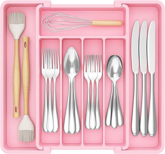 Lifewit Silverware Drawer Organizer, Expandable Utensil Tray for Kitchen, BPA Free Flatware and Cutlery Holder, Adjustable Plastic Storage for Spoons Forks Knives, 8.5"-14.1" x 12.1", Pink