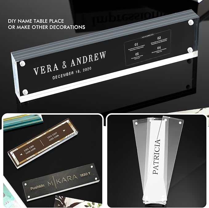 Geetery 4 Pcs Acrylic Office Desk Name Plate Personalized Clear Acrylic Block Double Sided Table Name Plate Holder Business Magnet Frame DIY Desktop Holder Accessories Decor (2" x 8")