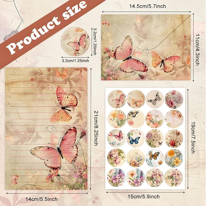 FUNCLASS 160 Pcs Stationery Set Letter and Envelopes – 50 Lined Stationery Paper and 50 Matching Envelopes, 5.5 x 8.25 Inches Letter Writing Stationery for Home, Office, School (Vintage Butterfly)