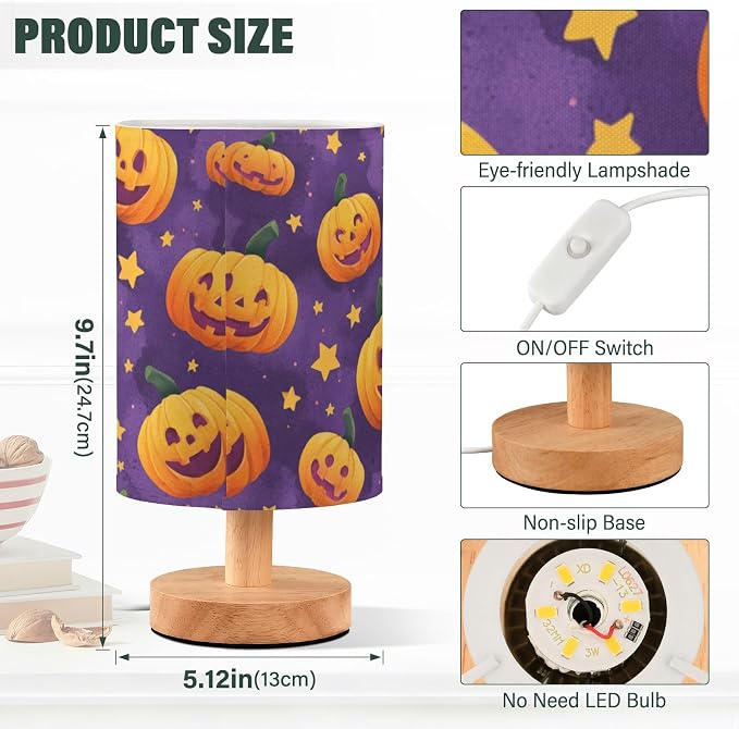 Dussdil Halloween Evil Pumpkins Table Lamp Bedroom Bedside Night Reading Desk Lamps Cylinder Nightstand Sleeping Light Lamp for Kids Living Room Office Decor