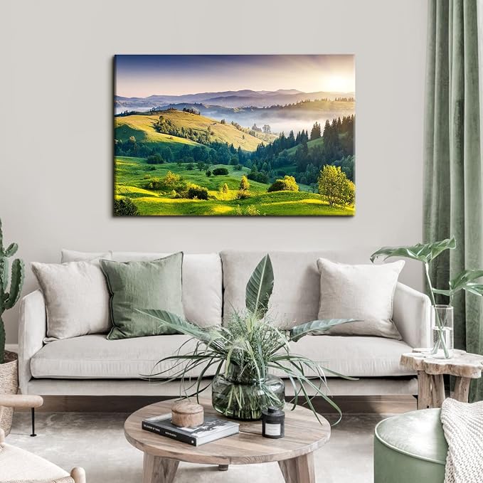 Green Misty Forest Wall Art Spring Mountain Landscape Wall Decor Large Nature Scenery Canvas Picture Painting Modern Framed Artwork for Bedroom Living Room Bathroom Office Home Decoration 32 x 48 Inch
