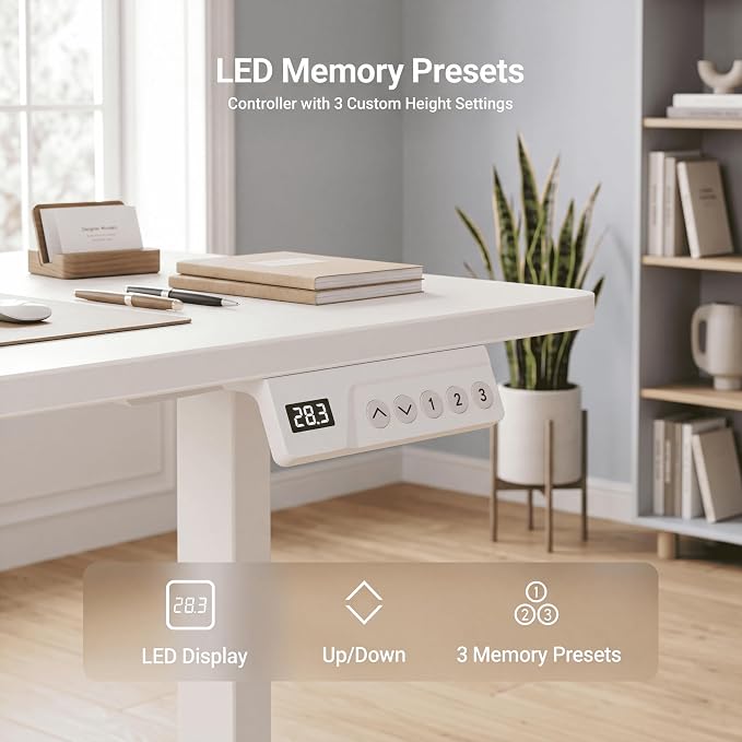 Claiks Electric Standing Desk 32x19 Inch Adjustable Desk, White | 156lbs weight capacity, 3 memory presets, industrial steel frame, cable management hub, adjustable height , easy assembly