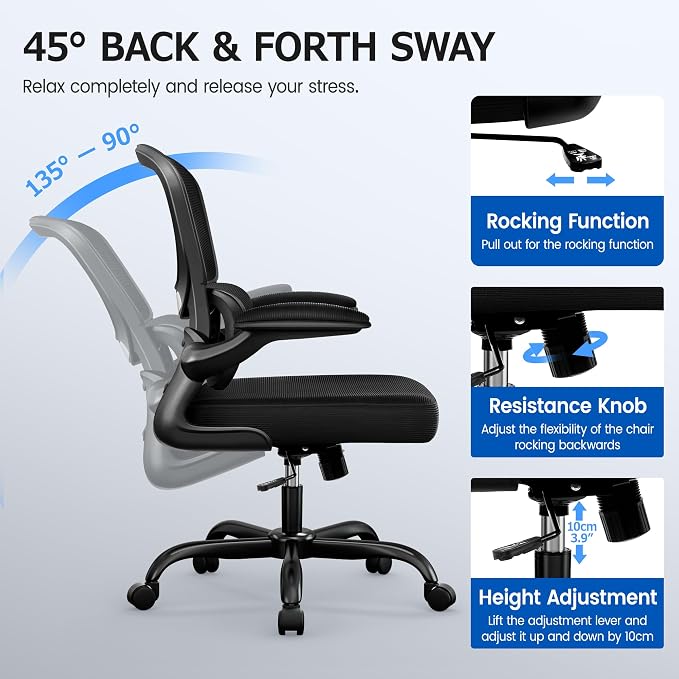 ALLGOD Office Chair Ergonomic Desk Chair, Breathable Mesh Desk Chair Comfy with Lumbar Support, Flip-up Armrests, Computer Chairs Comfortable for Home, Office, Work, Standard, 300Lbs