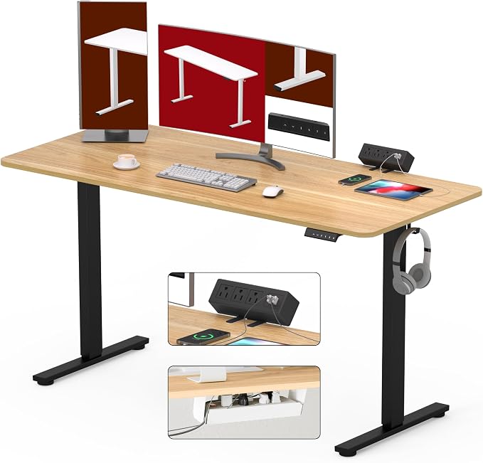SANODESK Electric Standing Desk with Desk Clamp Power Strip 60"x 24" Whole-Piece Desktop Height Adjustable Stand Up with Cable Management Sit Stand Home Office Black Frame/Maple Top