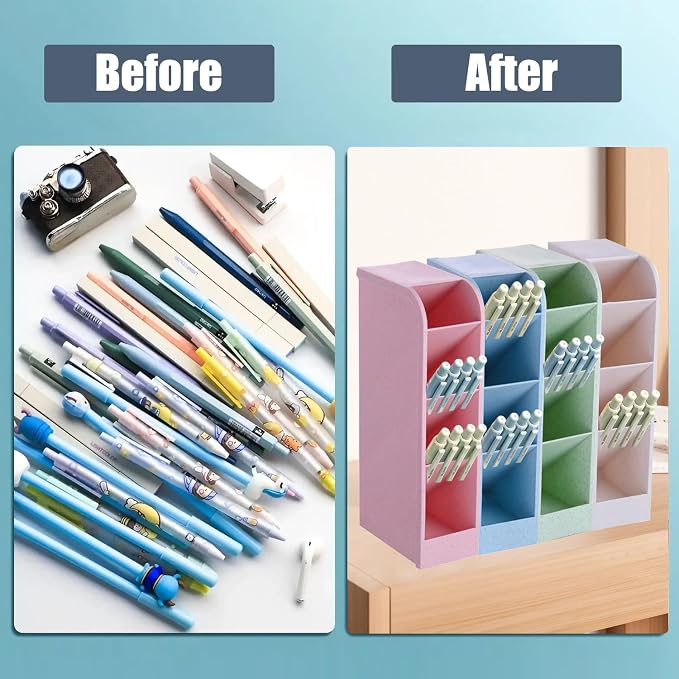 4-Grid Vertical Desk Organizer, Plastic Pen Holder | Pencils & Markers & Pens | Multifunctional Stationery Caddy | School Home Office(Pink)