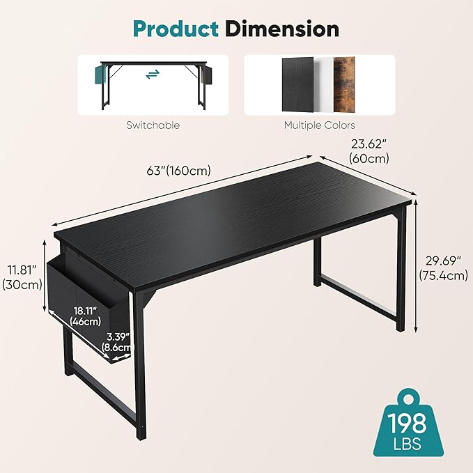 OLIXIS 63 Inch Computer Desk for Home Office, Writing Study Craft Gaming Table, Modern Computer Workstation with Storage Bag and Headphone Hook for Bedroom Small Spaces, Black