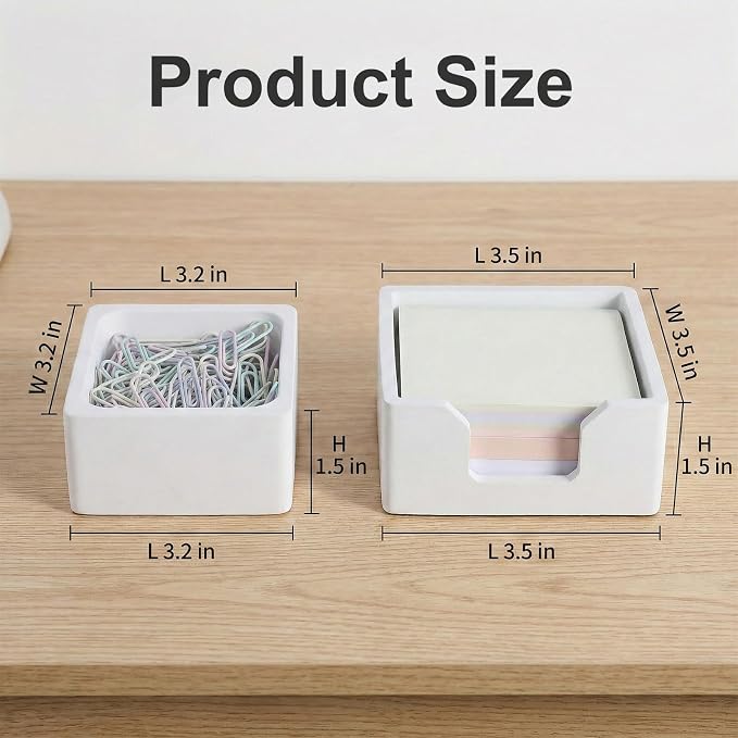 Concrete Desk Organizer Set of 2 - Minimalist Sticky Note Holder & Paper Clip Dispenser - Heavy Duty Office Desk Accessories with Non-Slip Base for Home Workspace Organizer & Desk Decor, White