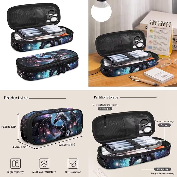 Black Dragon Backpack for Boys Girls Ages 7-10, Starry Night Elementary School Bookbag with Lunch Box 4 PCS Set, 17" H for Kids Back to School Supplies