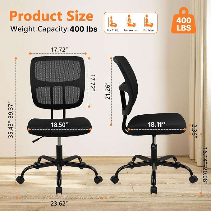 CLATINA Armless Home Office Chair, Small Ergonomic Mesh Back Desk Chair with Lumbar Support and Wheels, Adjustable Height 360° Swivel Rolling Computer Chair for Conference Waiting, Black, 2Pack