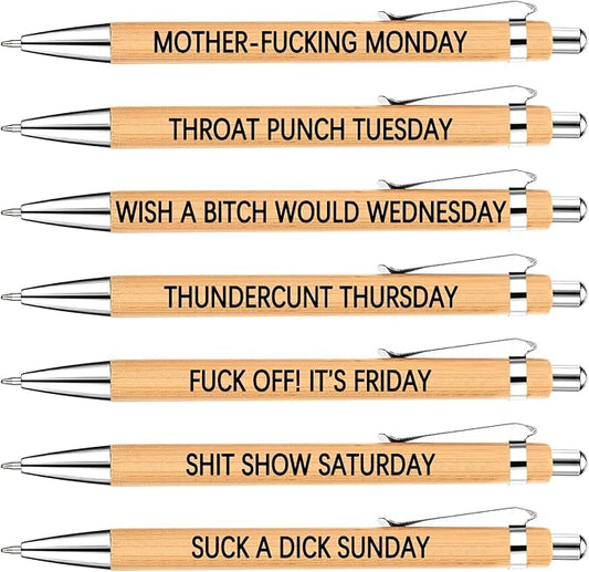 7Pcs Funny Work Pens for Adults Funny Sarcastic Gifts Funny Bamboo Pens Swear Word Daily Pen Set Seven Days of The Week Pen The Office Gifts for Women Men Coworkers Fun Desk Accessories