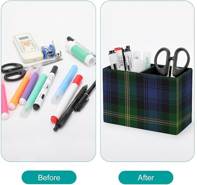 Tartan PU Leather Pen Holder Desk Organizer, 2-Compartment Pencil Container for Office, Home, Vanity Use