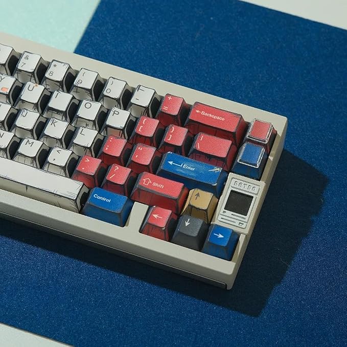 Retro PBT Keycaps - Japanese Manga Theme Keycaps Set, 141 Keys Cherry Profile Dye-Sub Custom Keycap, Mixed Light Minimalist Style Key Caps for 60%, 65%, 75%, 100% Cherry MX Mechanical Keyboard