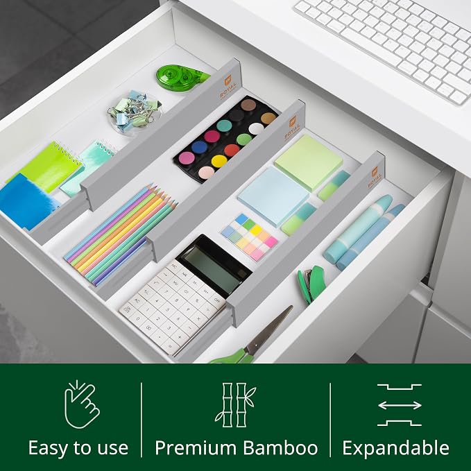 Bamboo Drawer Dividers Organizers, Adjustable Drawer Separator Splitters, 17–22 Inches Expandable Drawer Divider Organizer for Large Utensils, Kitchen, Bedroom, Dresser & Office Drawers 4-Pack, Gray