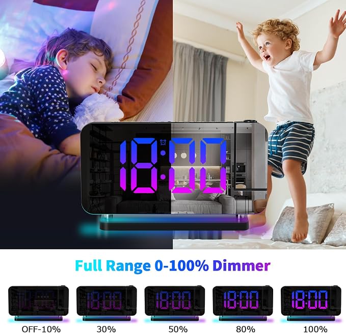 Projection Alarm Clock for Bedroom Ceiling,RGB Digital Clocks Radio with | 10 Colors RGB Night Light,Loud Alarm Clock for Heavy Sleepers,USB C Charger Port,Snooze,12/24H,Auto Dimming