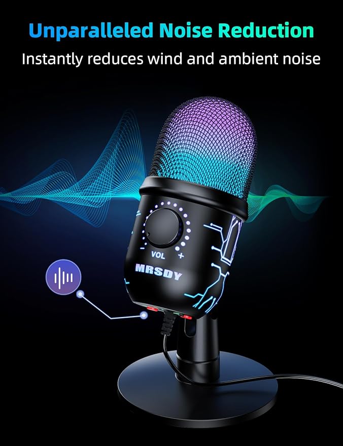 MRSDY USB Gaming Microphone for PC with Noise Reduction, Mute, Gain, RGB | Condenser Mic, Headphone Jack, Suitable for PC, Computer, PS4, PS5, Mac, Streaming, Podcasting, Recording, YouTube, Discord