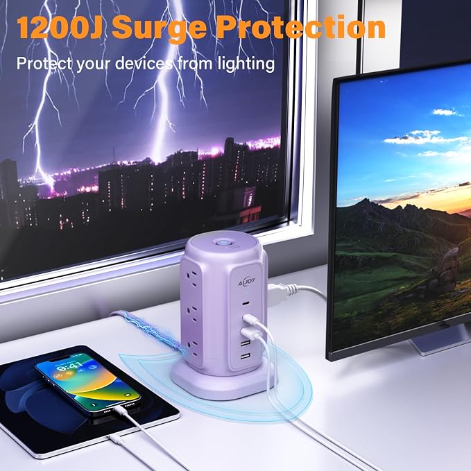 AiJoy Flat Plug Power Strip Tower with 9 AC Outlets and 5 USB Ports | USB Charging Station with 1200J Protection, 6 Feet Extension Cord for Apartment Essentials, Desk Accessories for Women