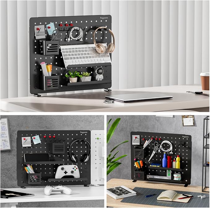 PEGZONE Clamp-on Desk Pegboard, Desk Organizer for Office Gaming Home, Magnetic Metal Peg Board with 15 Accessories, Privacy Panel, 20.4" x 16.5", Large, Black