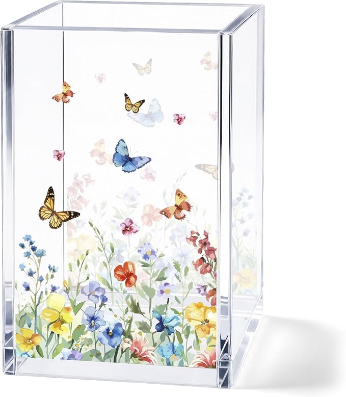 Flower Pen Holder Cup, Acrylic Pencil Organizer, Aesthetic Desk Decor, Minimalist Floral Office Accessories for Women