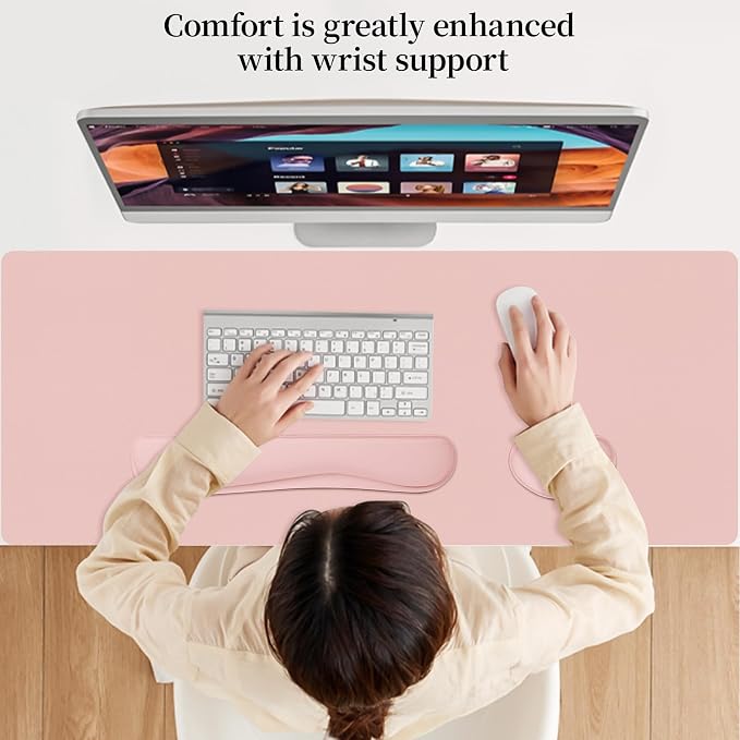 Desk Pad Mat Set,3-in-1 Large Mouse Pads with Wrist Rest and Keyboard Pad, Pink Desk Mats for Keyboards and Mouses, Ergonomic Keyboard and Mouse Mat Set for Office Home Decor, 35.4" x 16.9"