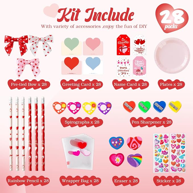 Deerher Valentines Day Gifts for Kids - 28 Pack Giant Colorful Stationery Set with Valentine's Cards for School Classroom Class Party Favor - Valentine Gift Exchange for Boys Girls Toddler