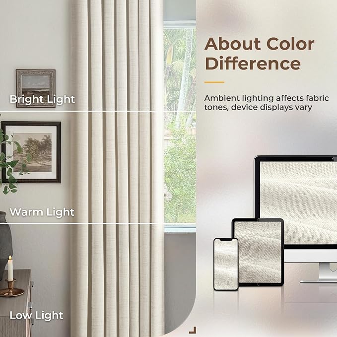 INOVADAY 100% Blackout Curtains for Bedroom, Beige White Black Out Curtains 90 Inch Long, Clip Rings Linen Blackout Drapes, Thermal Insulated Room Darkening for Living Room, 2 Panels - W50xL90