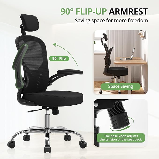 Office Chair Ergonomic Desk Chair, 330LBS Capacity, High Back Computer Chair for Long Hours Comfortable, Rolling Swivel Executive Task Chair for Home Office with Flip-up Armrests, Black Black-Chrome
