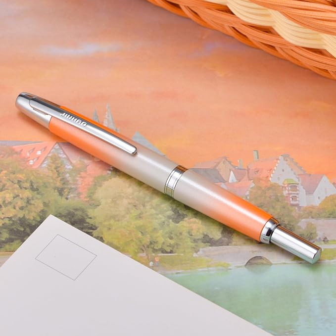 Jinhao 10 Press Fountain Pen with Box, Gradient Light Orange Retractable Medium Nib with Ink Converter Set (Silver Clip)