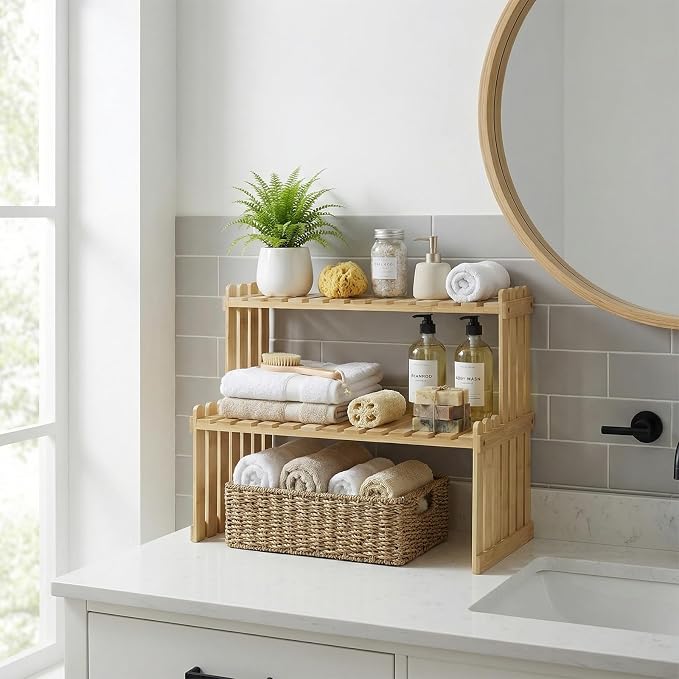 MyGift Bamboo Desktop Plant Stand, 2 Tier Slatted Shelf Organizer Rack | Natural bamboo stand adds two tiers for displaying plants, décor and essentials while keeping desks and countertops organized