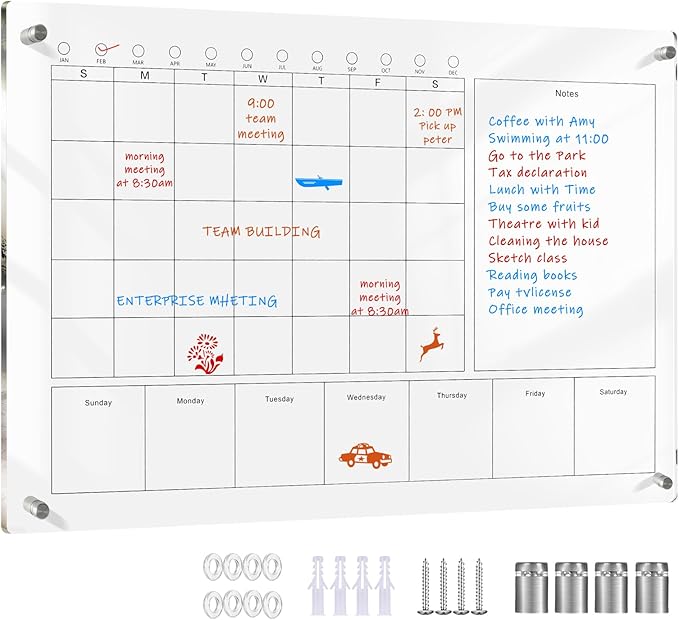 Large Acrylic Calendar for Wall,24"X16",Acrylic Dry Erase Calendar for Wall,Clear Acrylic Wall Calendar for Home/Office