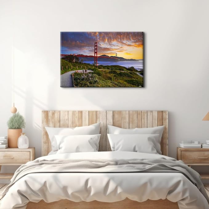 Large Red Golden Gate Bridge Picture Wall Art San Francisco City Landmark Building Photography Wall Decor Nature Mountain Sunset Skyline Paintings Canvas Prints Artwork for Home Decoration 32x48"