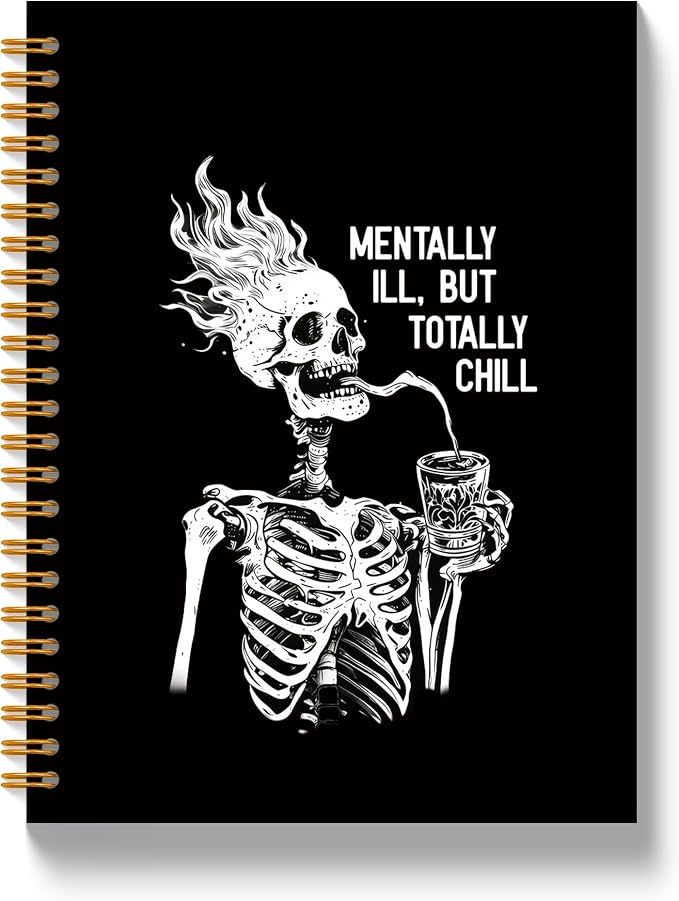 JLLBF Funny Coffee Skeleton Spiral Notebook, Gothic Skull Notebooks for Work, Goth Office Supplies, Mentally Ill But Totally Chill Mental Health Journal Notebook, 5.5x8.3 Inch