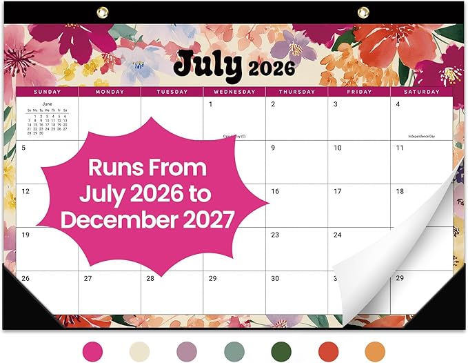Desk Calendar 2026-2027, 18-Month Calendar Runs from July 2026 to December 2027, Large 17" x 12" Monthly Desktop & Wall Calendar for Home & Office - Vivid Bloom