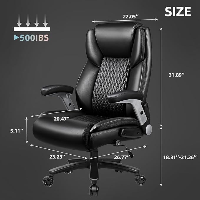 VITESSE 600lbs Big and Tall Office Chair with Flip up Armrest, Large Heavy Duty with Ergonomic Lumbar Support, Executive Office Chair for Heavy People with Quiet Rubber Wheel(Black)