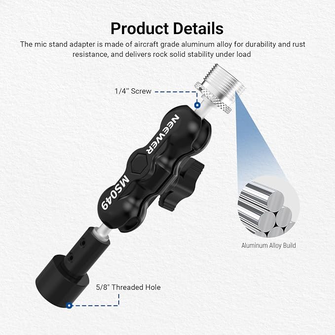 NEEWER Microphone Mount Adapter for Boom Arm Mic Stand Clamp Holder, 360° Dual Mini Ball Head Magic Arm Aluminum Alloy with 1/4" to 5/8" Screw Adapter, Max Load 2 lbs, MS049