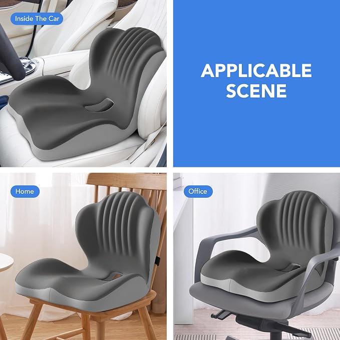 Ergonomic Waist Support and Seat Cushion, 2-in-1 Memory Foam Pad, Hollow Design for Coccyx, Suitable for Office Chairs, Car Safety Seats and Household Use - Relieves Lower Back and Hip Pain (Grey)