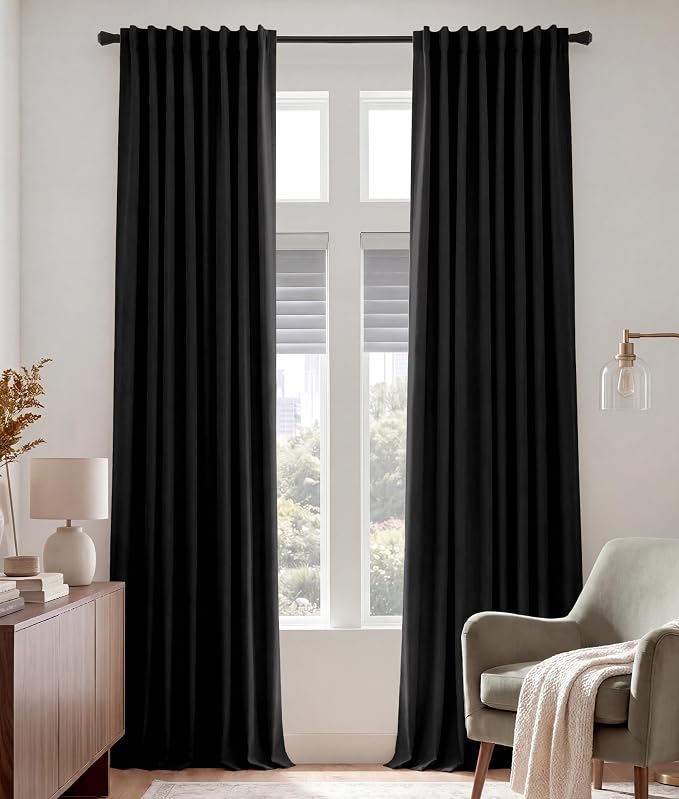 PONY DANCE Extra Long Blackout Curtains 108 inches Long for Bedroom, 9 FT Rod Pocket Back Tab Room Darkening Noise Reducing Drapes for Living Room Windows, W 52 x L 108 inch, Black, 2 Panels
