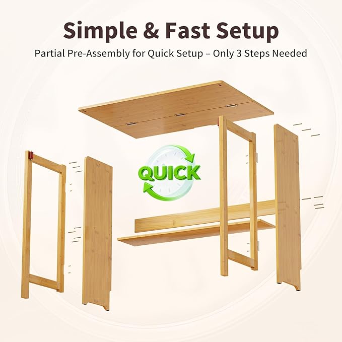 Bamboo Foldable Desk, Folding Desks for Small Spaces, Mid Century Small Computer Desk with Bookshelf for Bedroom Home Office, Natural
