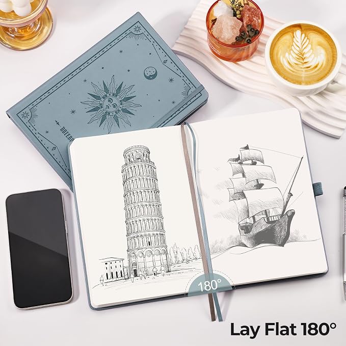EMSHOI Blank Notebook Journal - 320 Pages, 100gsm Thick Paper, A5 Hardcover Leather, Art Sketchbook for Drawing, Unlined, Plain Sketch Book for Women Men Work Writing, 5.75 X 8.38, GrayBlue