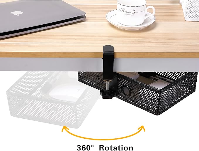 Under Desk Drawer, Clamp on Desk Organizer Hanging Desk Storage Under Table | Under desk organizer: clamp on desk drawer, 360° rotating desk basket, hanging desk organizer, clamp on desk shelf, no-drill