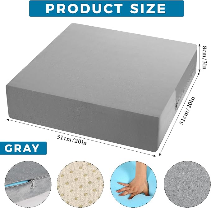 Menkxi Recliner Cushions for Elderly, Thicken Memory Foam Seat Cushion, Square Chair Cushions Non Slip Pads for Recliners, Armchairs, Relief and Comfort(Gray, 20 x 20 x 3 Inch)