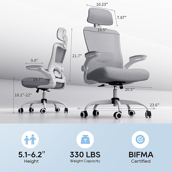Ergonomic Office Chair, High Back Mesh Desk Chair with Adjustable Lumbar Support & Headrest, Flip-up Armrest, Computer Task Chairs for Home and Executive Office (G-Grey)