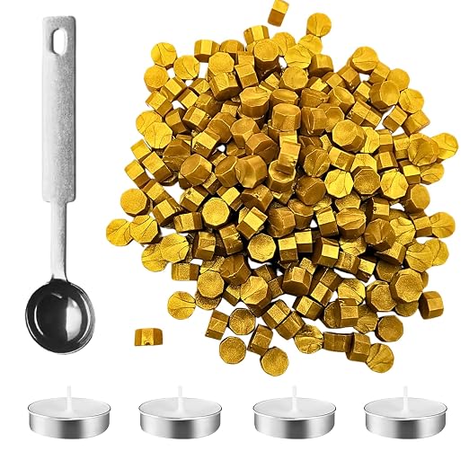 xxxHOLIC Royal Gold Sealing Wax Beads, 400 Metallic Beads with Melting Spoon & 4 Tea Lights for Wedding Invitations, Envelopes, Letters, Cards & Gift Wrapping