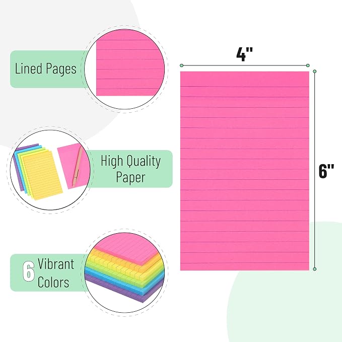 Mr. Pen- Lined Sticky Notes, 4" x 6", 6 Pads, 60 Sheets/Pad, Vibrant Color | Sticky Notes with Lines, Ruled Post Stickies, Memo Pads, Self-Stick Note Pad for Office, School, Home, Study