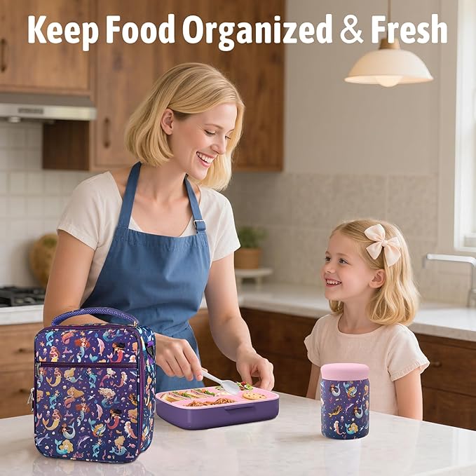 Kids Bento Lunch Box with Thermo Leak-Proof Snack Lunch Container with Insulated Lunch Bag Utensils Set Back to School Supplies Gifts for Boys and Girls Toddlers Kindergarten Lunch Accessories Purple