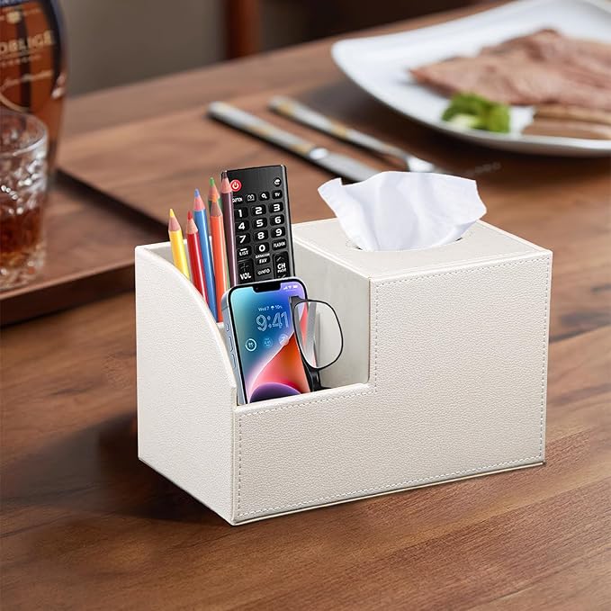PU Leather Square Tissue Box Cover - Multi-Functional Tissue Box Holder | Tissue Box Cover with Storage,Tissue and Remote Control Holder/Caddy,Cube Tissue Box Organizer Bedroom Nightstand End Table